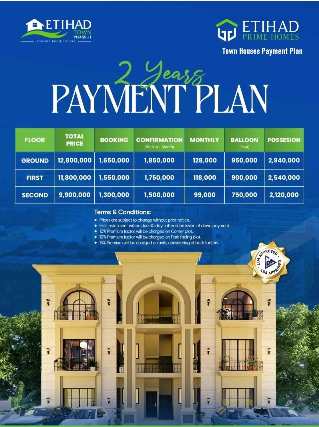 Prime Home Town Houses Payment Plan at Eithad Town Phase 1 Raiwind Road Lahore 1